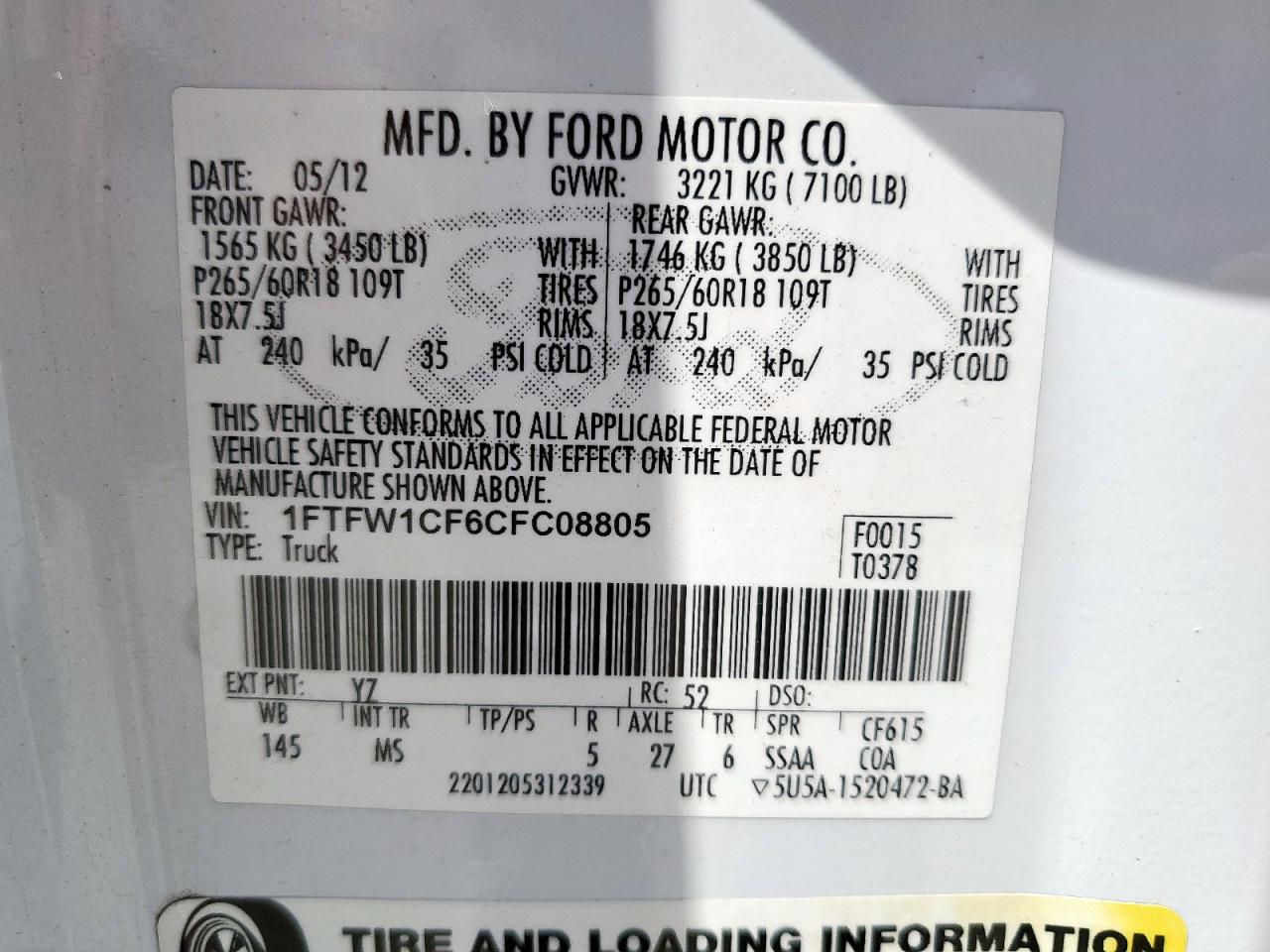 2012 Ford F150 Supercrew VIN: 1FTFW1CF6CFC08805 Lot: 61738995