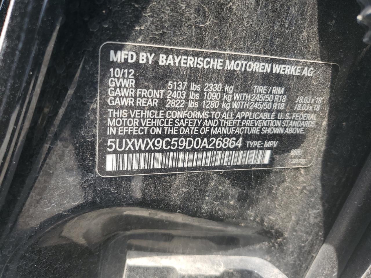 2013 BMW X3 xDrive28I VIN: 5UXWX9C59D0A26864 Lot: 64816005
