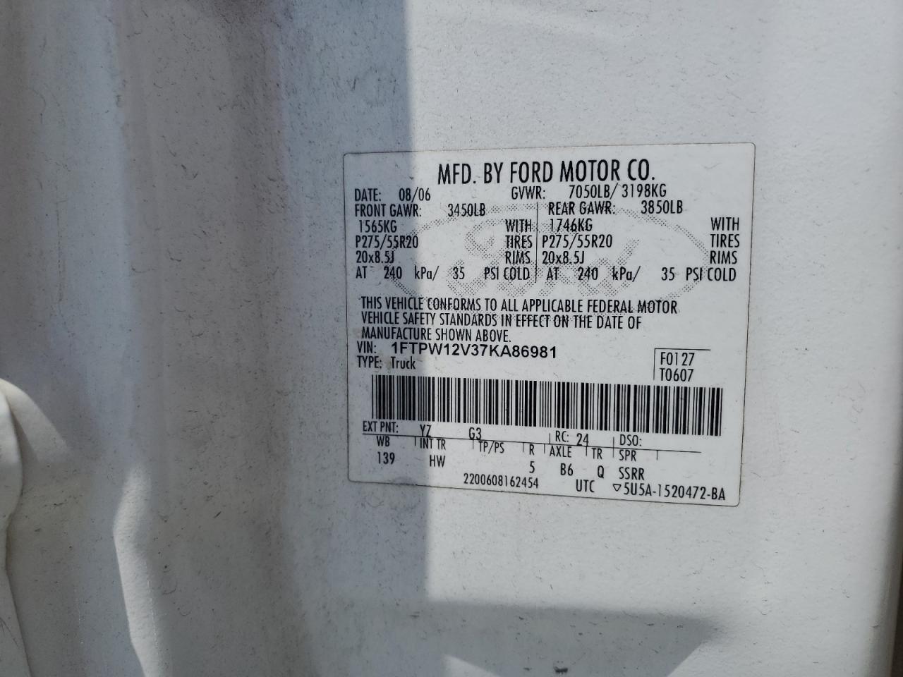 2007 Ford F150 Supercrew VIN: 1FTPW12V37KA86981 Lot: 64617905