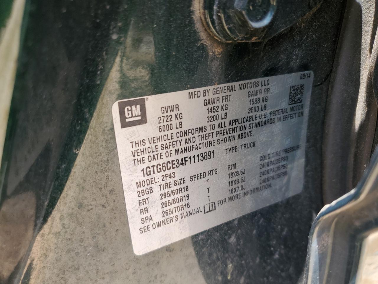 2015 GMC Canyon Slt VIN: 1GTG6CE34F1113891 Lot: 63813425