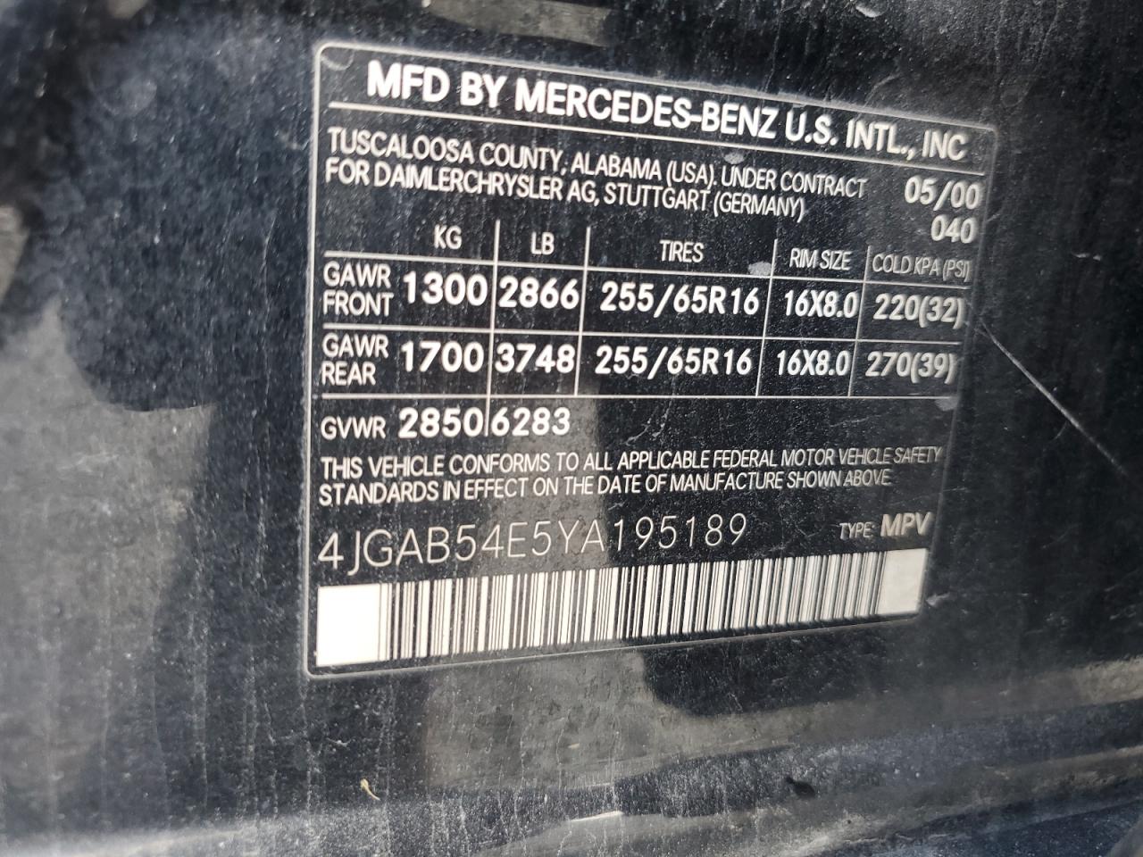 2000 Mercedes-Benz Ml 320 VIN: 4JGAB54E5YA195189 Lot: 66777365