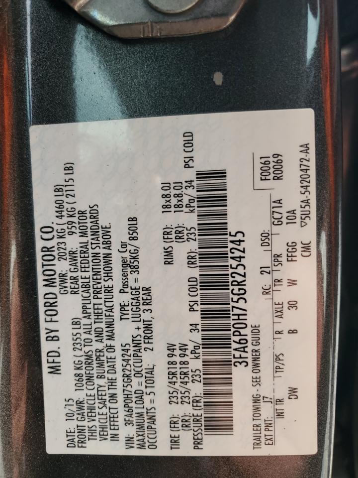 2016 Ford Fusion Se VIN: 3FA6P0H75GR254245 Lot: 66286295