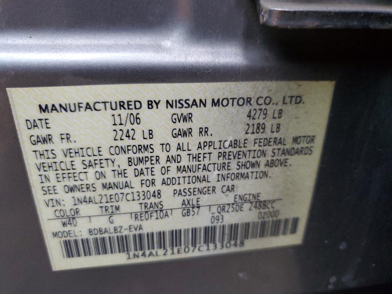 2007 Nissan Altima 2.5 VIN: 1N4AL21E07C133048 Lot: 62941505