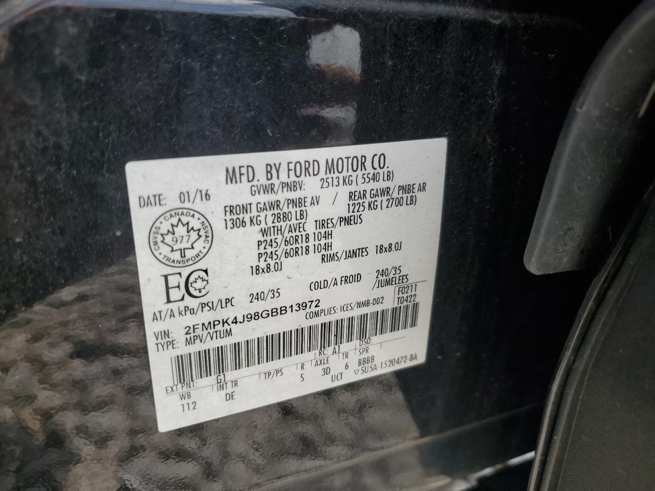 2016 Ford Edge Sel VIN: 2FMPK4J98GBB13972 Lot: 64222025