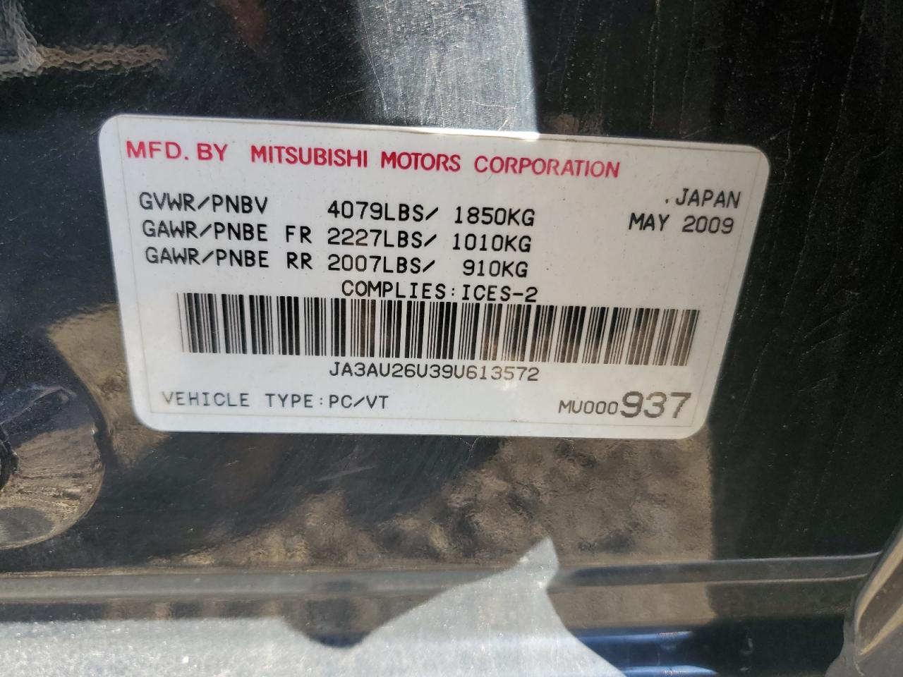 2009 Mitsubishi Lancer Es/Es Sport VIN: JA3AU26U39U613572 Lot: 66853345