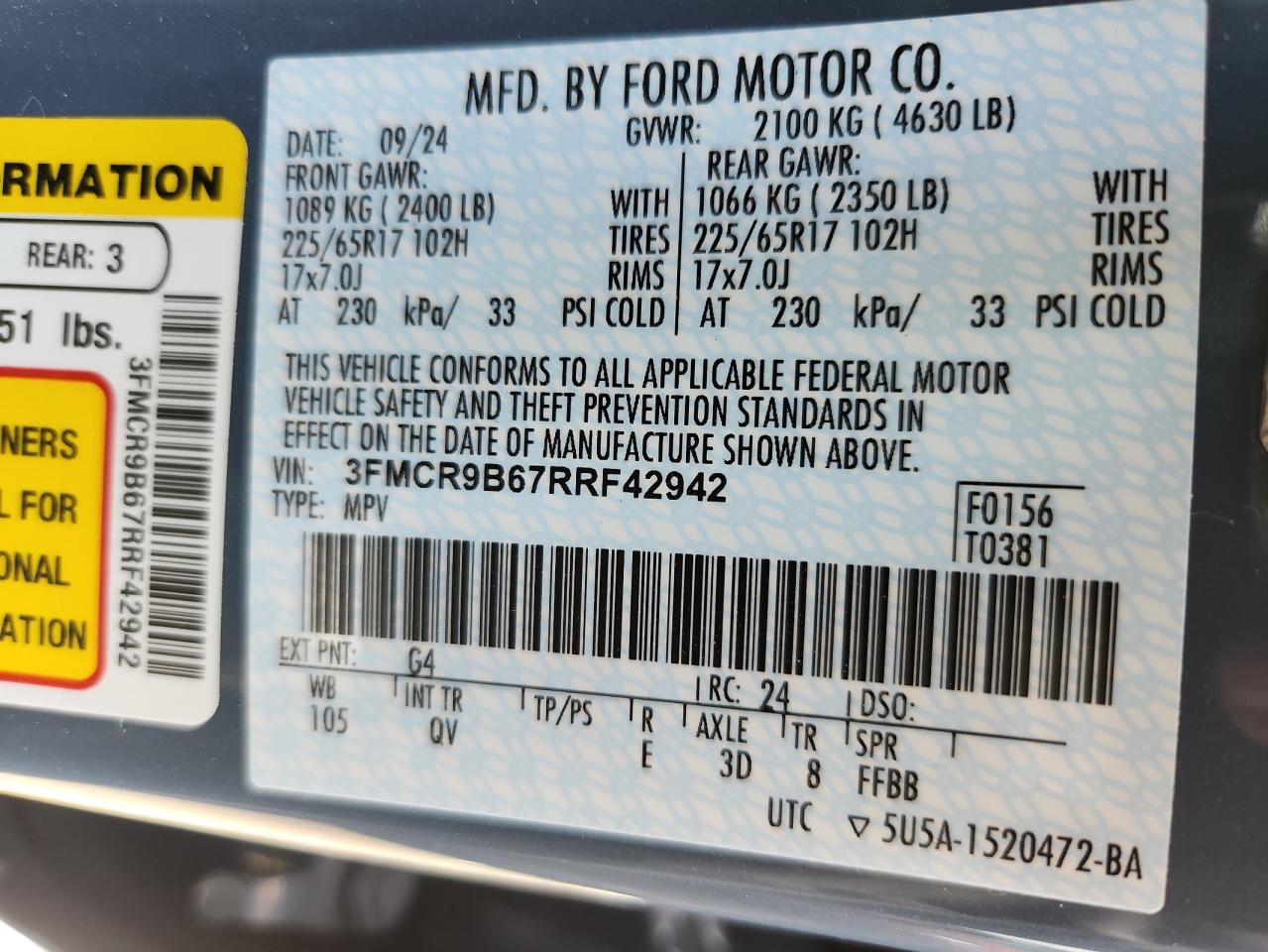 2024 Ford Bronco Sport Big Bend VIN: 3FMCR9B67RRF42942 Lot: 62748155