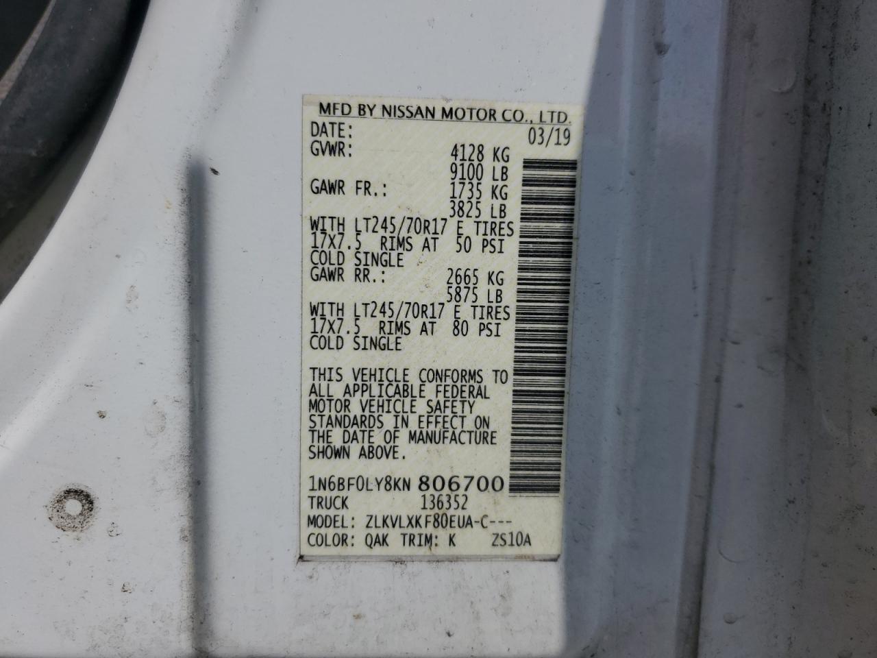 2019 Nissan Nv 2500 S VIN: 1N6BF0LY8KN8N8067 Lot: 64175905