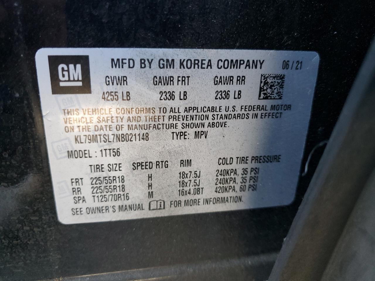 2022 Chevrolet Trailblazer Rs VIN: KL79MTSL7NB021148 Lot: 65762685