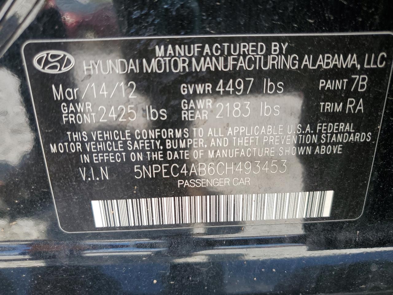2012 Hyundai Sonata Se VIN: 5NPEC4AB6CH493453 Lot: 65015985