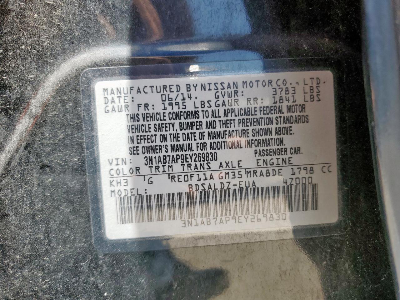 2014 Nissan Sentra S VIN: 3N1AB7AP9EY269830 Lot: 66859425