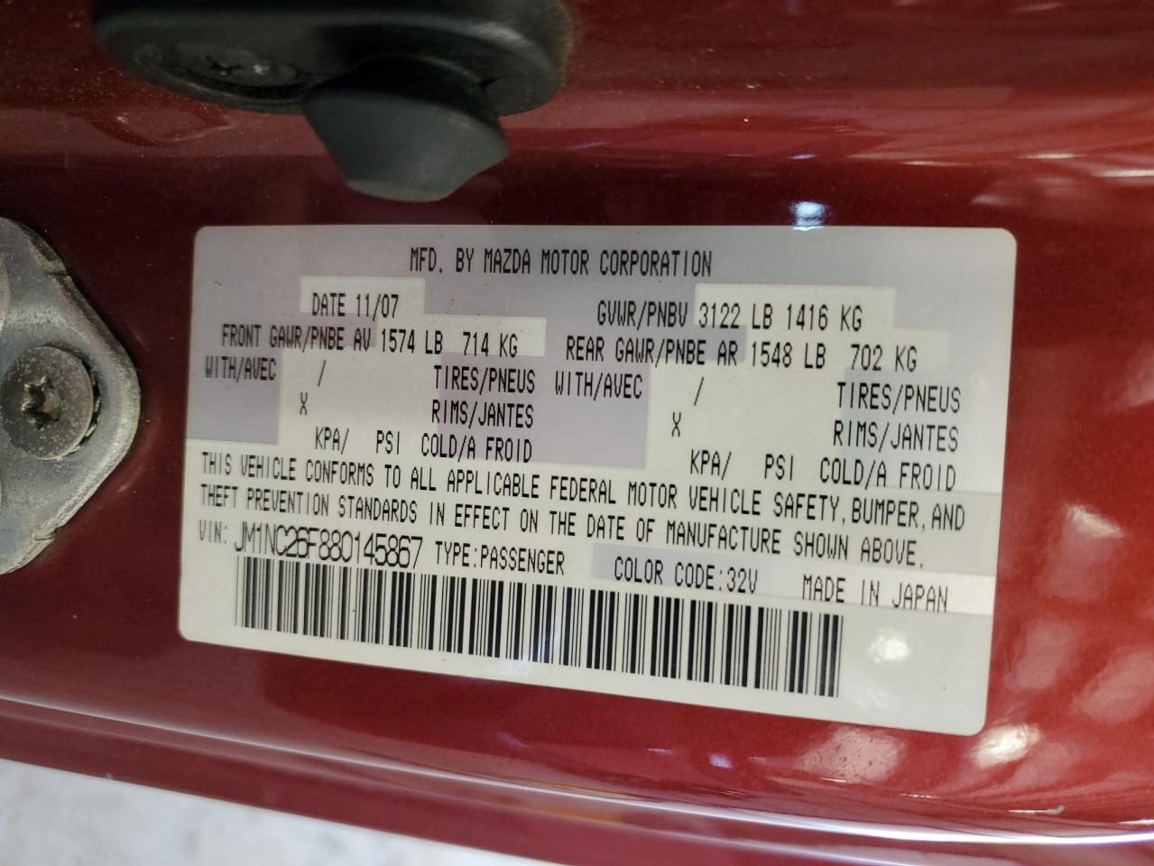 2008 Mazda Mx-5 Miata VIN: JM1NC26F880145867 Lot: 63479915