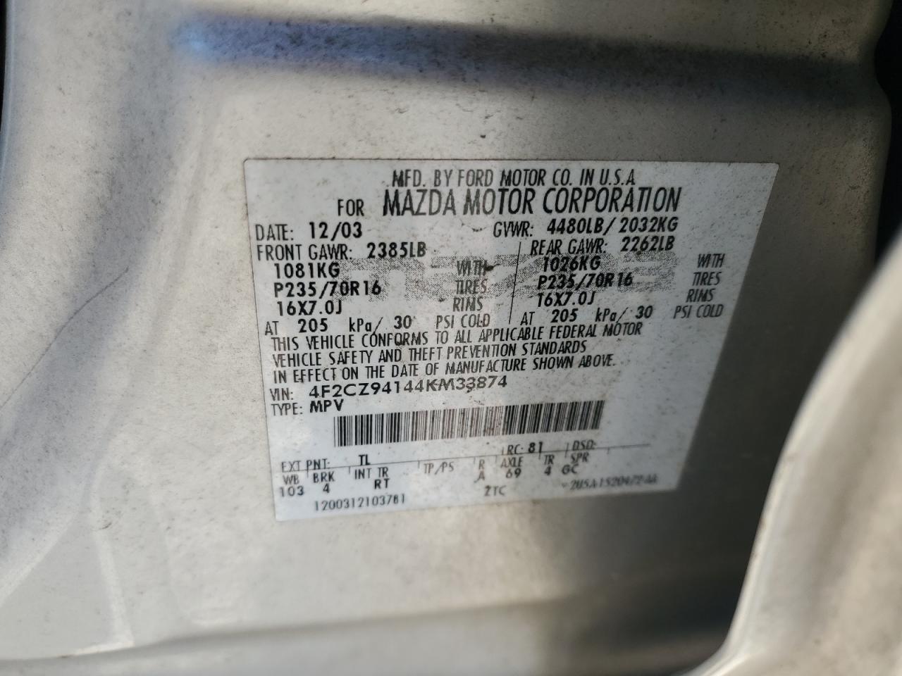 2004 Mazda Tribute Lx VIN: 4F2CZ94144KM33874 Lot: 65461715