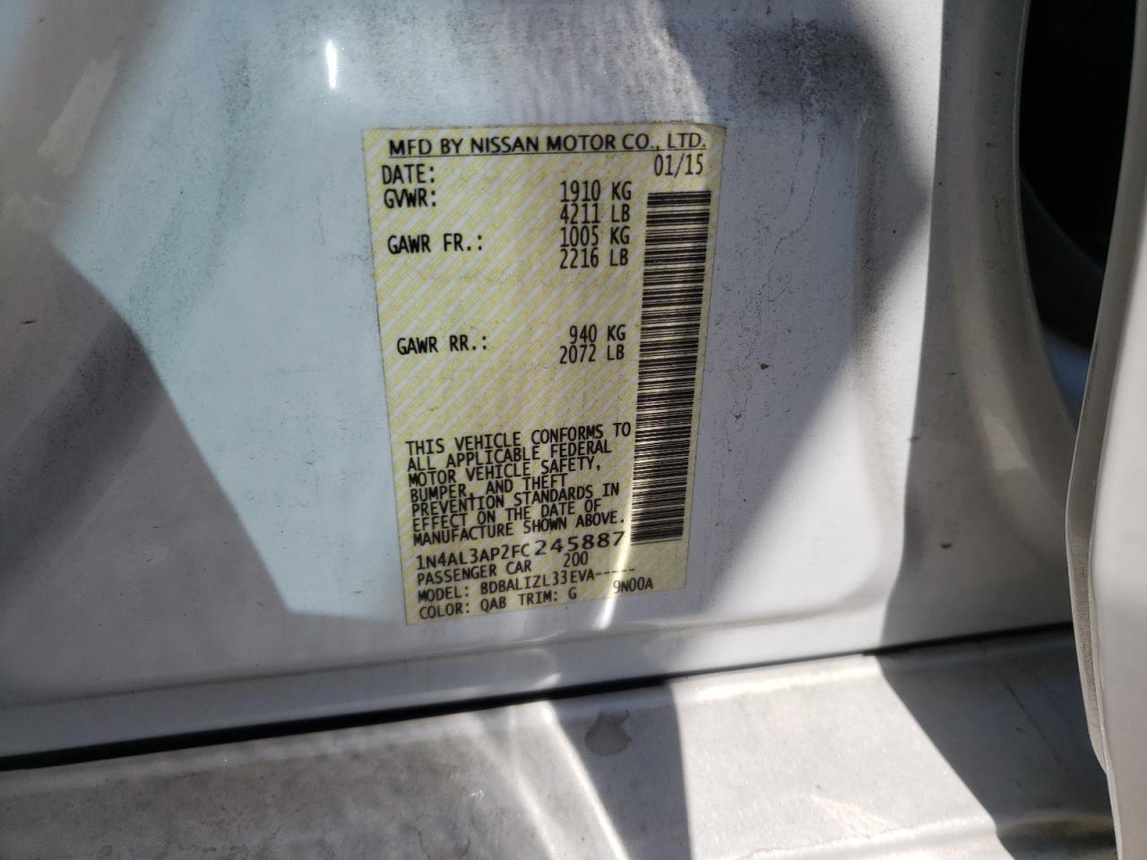 2015 Nissan Altima 2.5 VIN: 1N4AL3AP2FC245887 Lot: 64830275