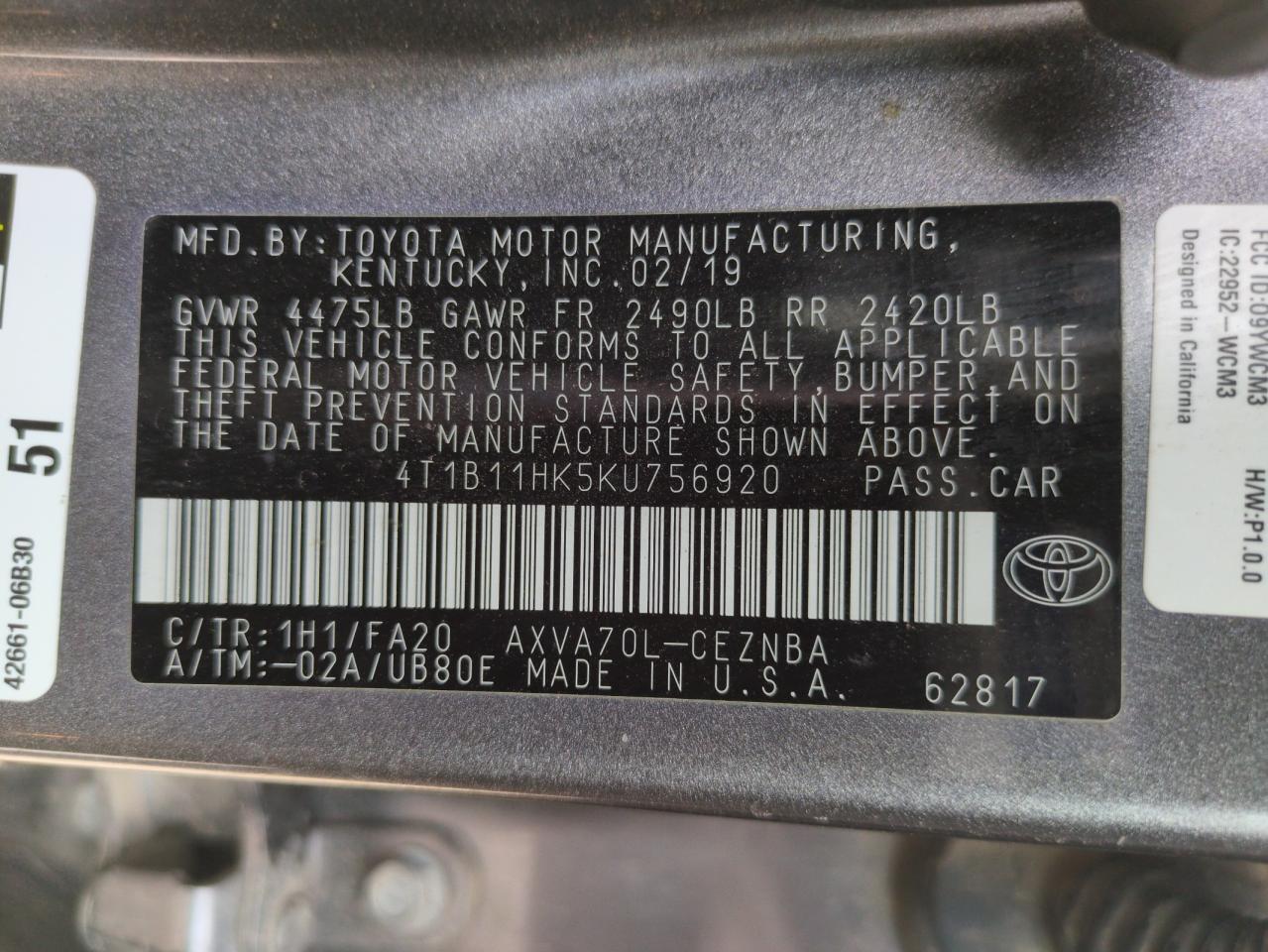 2019 Toyota Camry L VIN: 4T1B11HK5KU756920 Lot: 66036025