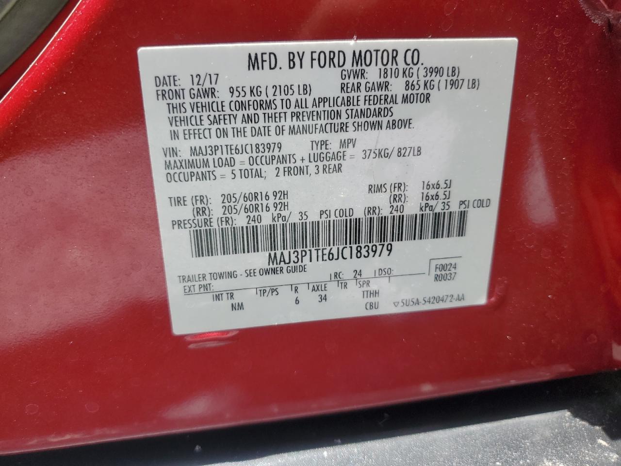 2018 Ford Ecosport Se VIN: MAJ3P1TE6JC183979 Lot: 63799385