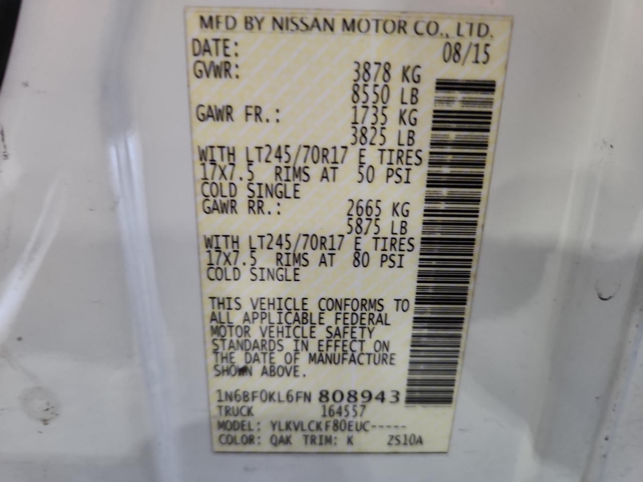 2015 Nissan Nv 1500 VIN: 1N6BF0KL6FN808943 Lot: 62673725