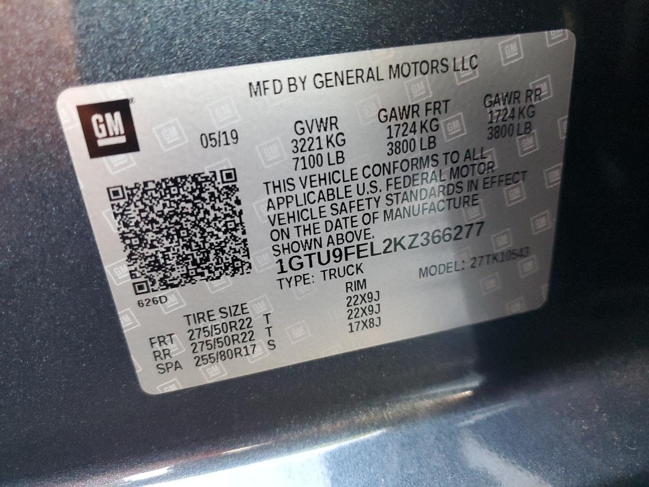 2019 GMC Sierra K1500 Denali VIN: 1GTU9FEL2KZ366277 Lot: 65263065