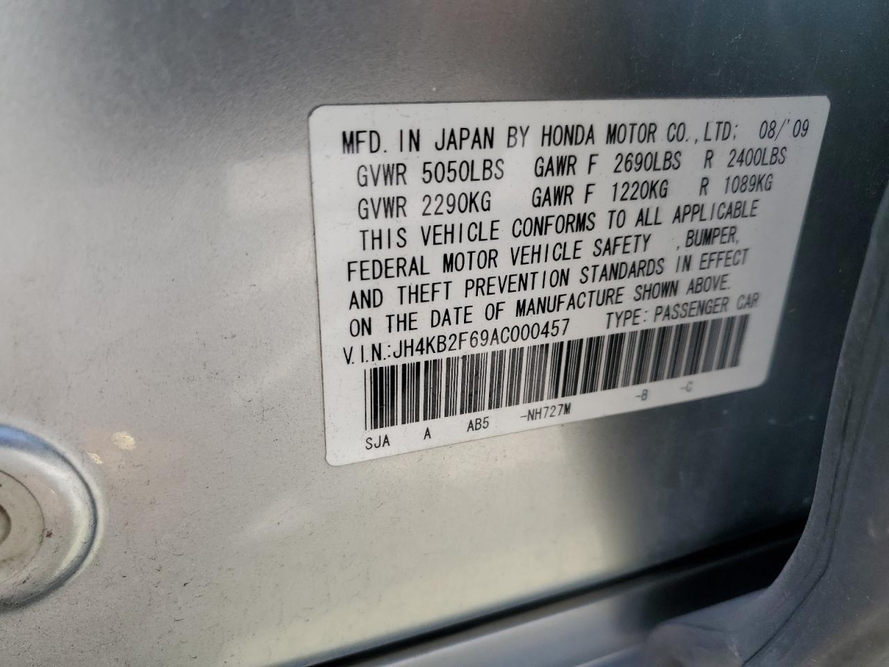 2010 Acura Rl VIN: JH4KB2F69AC000457 Lot: 63068605