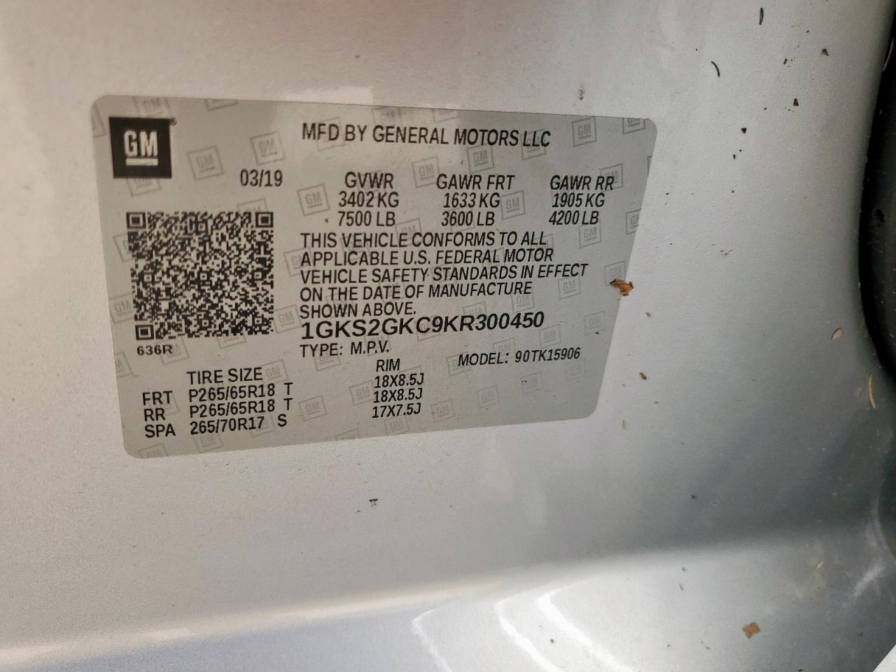 2019 GMC Yukon Xl K1500 Slt VIN: 1GKS2GKC9KR300450 Lot: 64023355