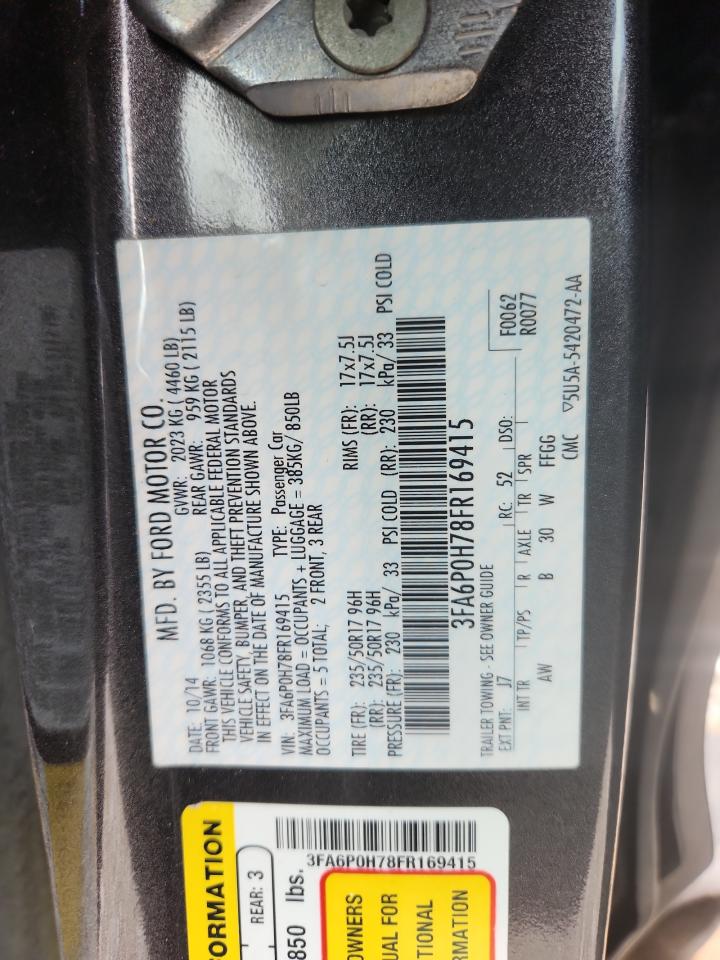 2015 Ford Fusion Se VIN: 3FA6P0H78FR169415 Lot: 65209155