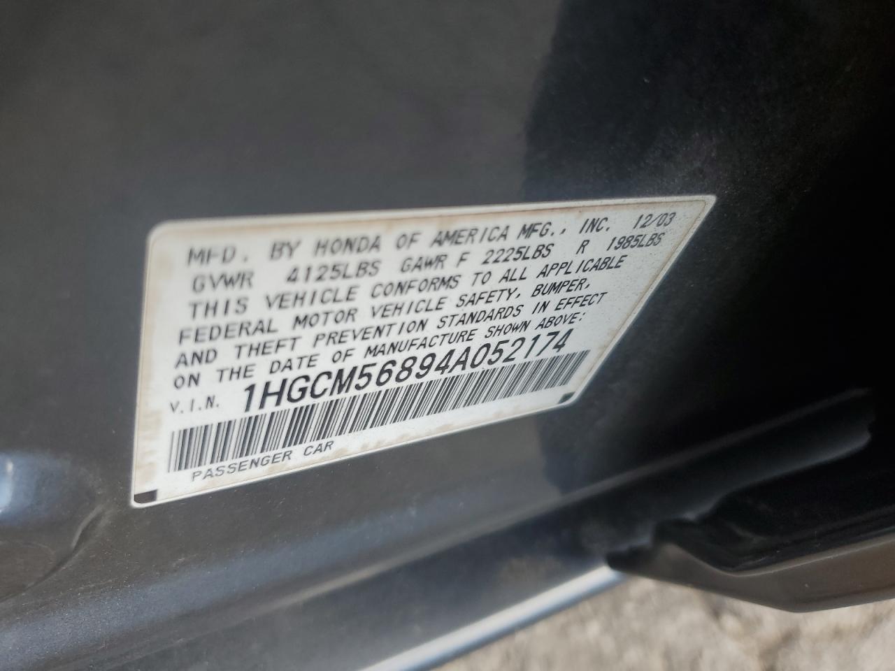 2004 Honda Accord Ex VIN: 1HGCM56894A052174 Lot: 60600825