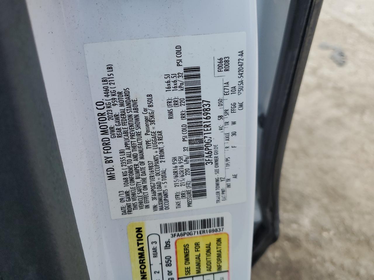 2014 Ford Fusion S VIN: 3FA6P0G71ER169837 Lot: 65688095