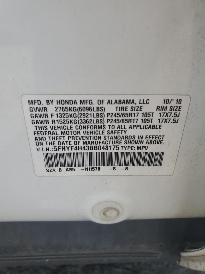 2011 Honda Pilot Ex VIN: 5FNYF4H43BB048175 Lot: 66582275