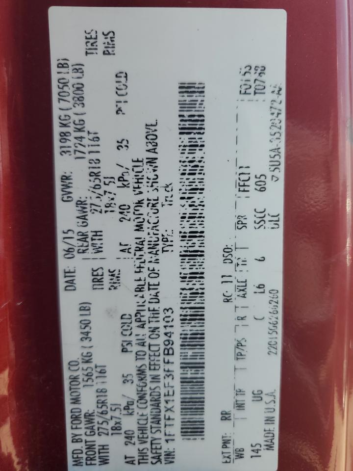 2015 Ford F150 Super Cab VIN: 1FTFX1EF3FFB94103 Lot: 66552825