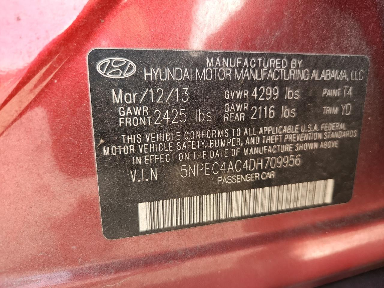2013 Hyundai Sonata Se VIN: 5NPEC4AC4DH709956 Lot: 64920605