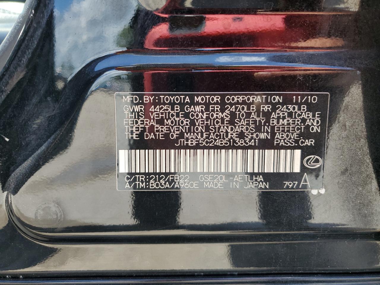 2011 Lexus Is 250 VIN: JTHBF5C24B5138341 Lot: 65405005