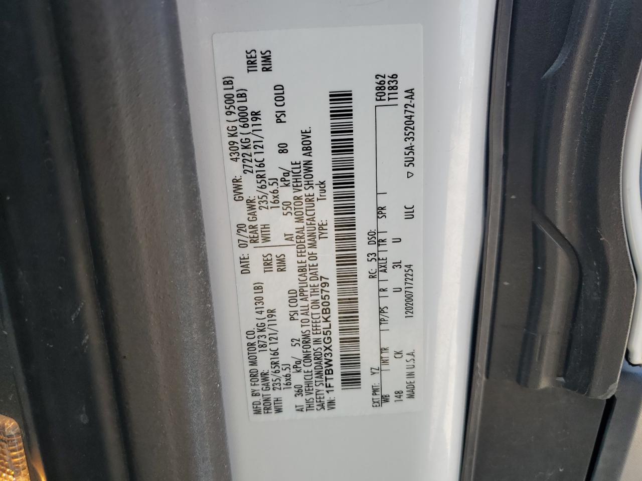2020 Ford Transit T-350 VIN: 1FTBW3XG5LKB05797 Lot: 64542235