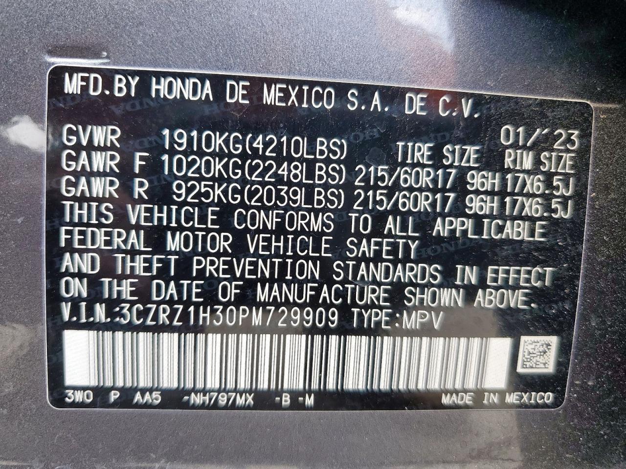 2023 Honda Hr-V Lx VIN: 3CZRZ1H30PM729909 Lot: 65033505