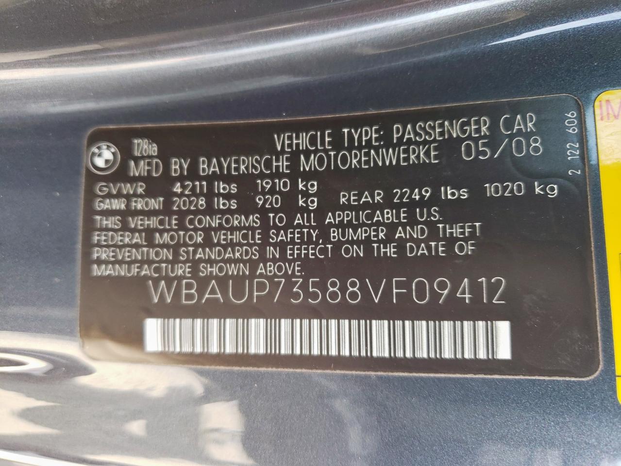 2008 BMW 128 I VIN: WBAUP73588VF09412 Lot: 63203795