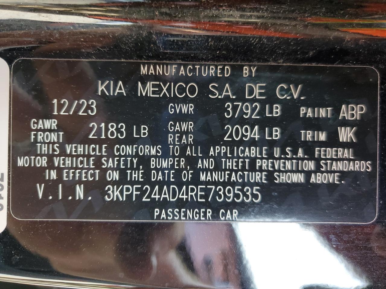 2024 Kia Forte Lx VIN: 3KPF24AD4RE739535 Lot: 64765575