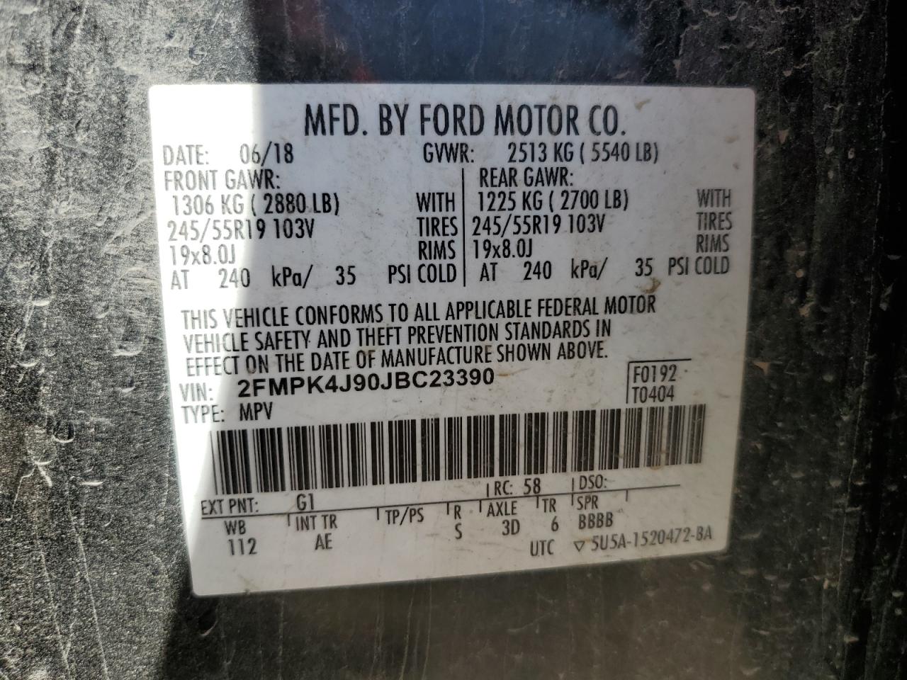 2018 Ford Edge Sel VIN: 2FMPK4J90JBC23390 Lot: 64585885
