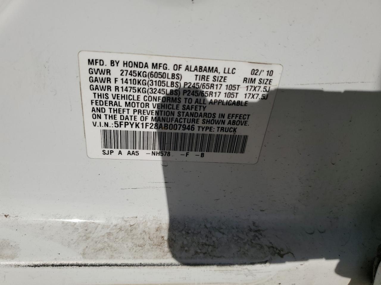 2010 Honda Ridgeline Rt VIN: 5FPYK1F28AB007946 Lot: 64109455