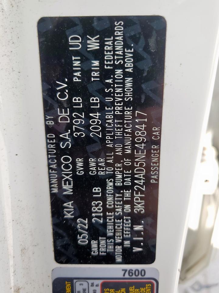 2022 Kia Forte Fe VIN: 3KPF24AD5NE498417 Lot: 65185475