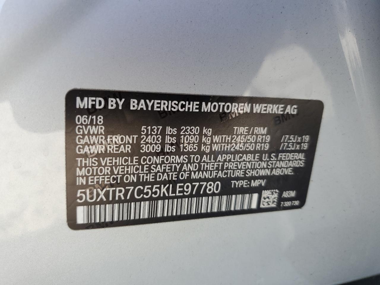 2019 BMW X3 Sdrive30I VIN: 5UXTR7C55KLE97780 Lot: 64546215