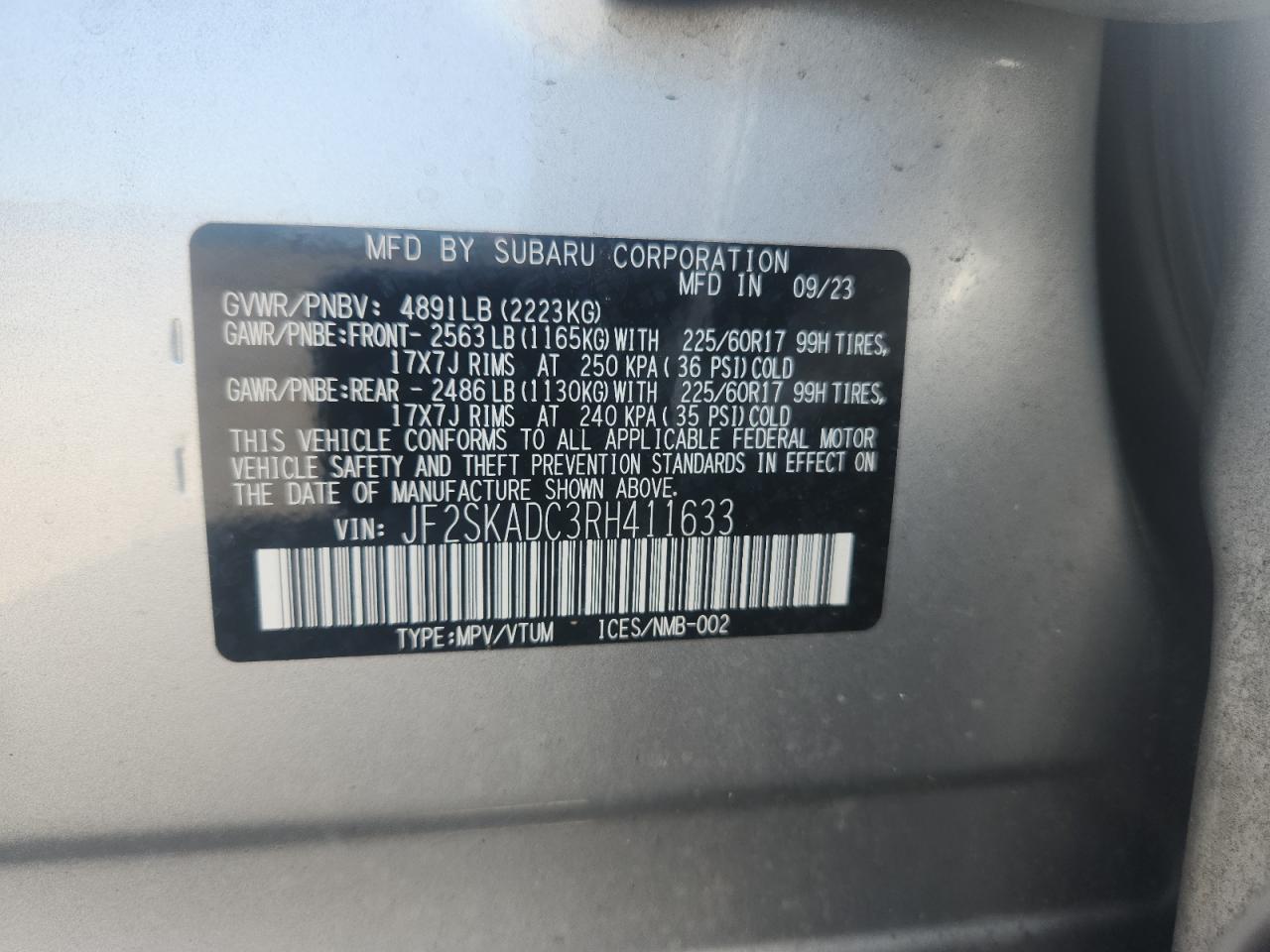 2024 Subaru Forester Premium VIN: JF2SKADC3RH411633 Lot: 63222435