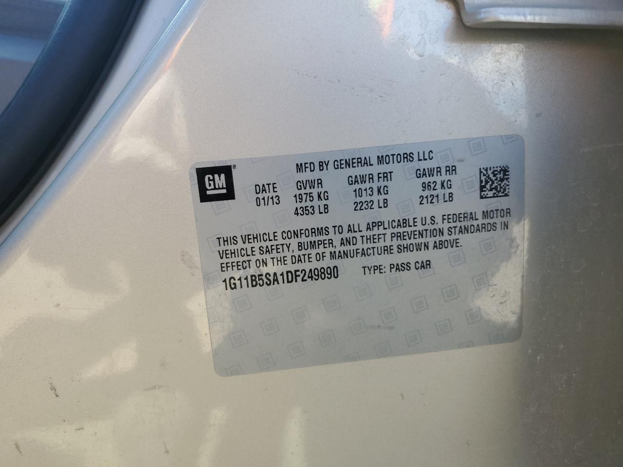 2013 Chevrolet Malibu Ls VIN: 1G11B5SA1DF249890 Lot: 84899615