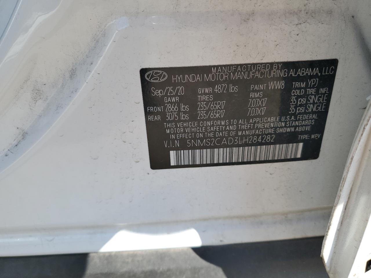 2020 Hyundai Santa Fe Se VIN: 5NMS2CAD3LH284282 Lot: 65505645