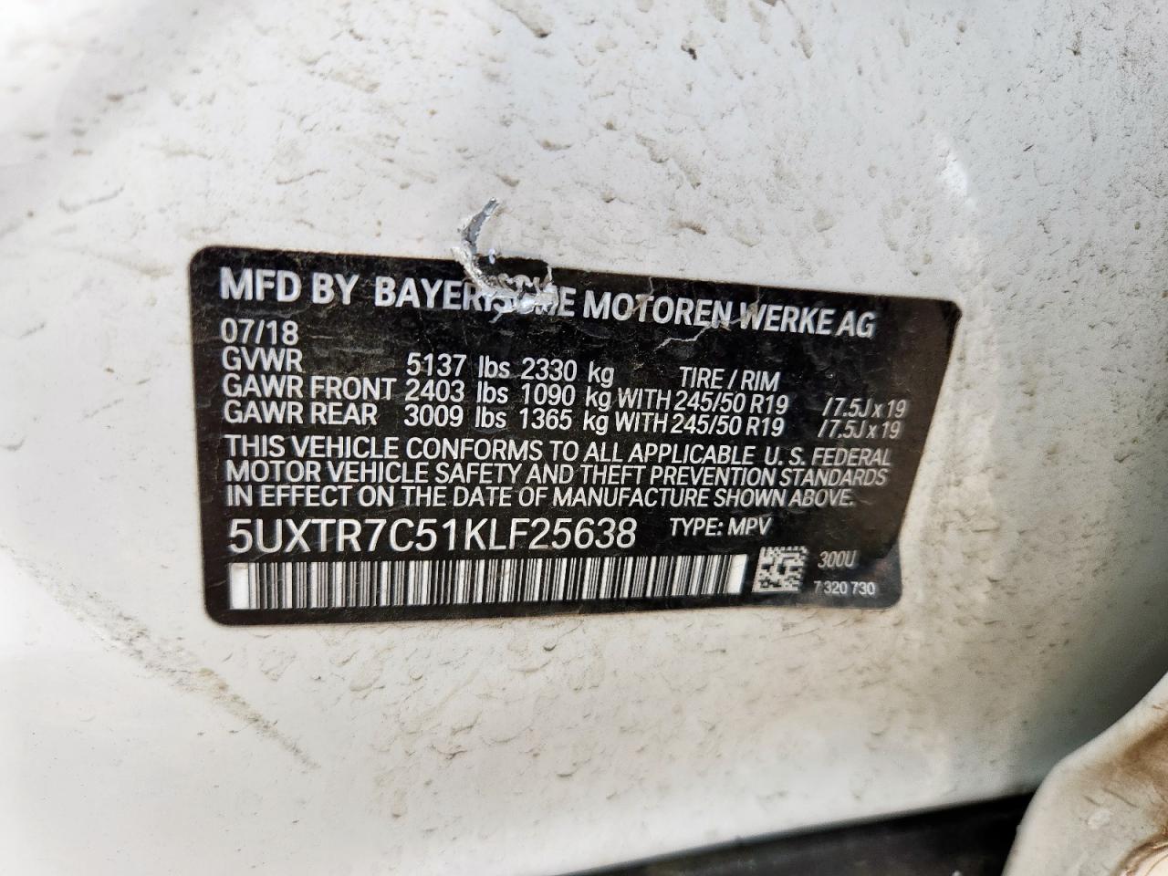 2019 BMW X3 Sdrive30I VIN: 5UXTR7C51KLF25638 Lot: 65056235