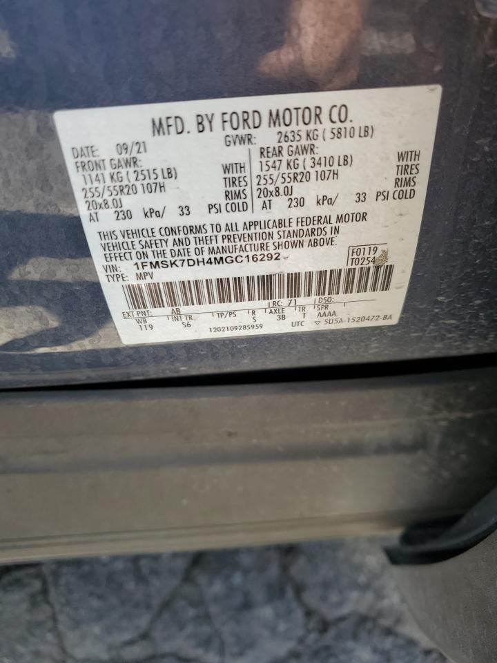 2021 Ford Explorer Xlt VIN: 1FMSK7DH4MGC16292 Lot: 63640735