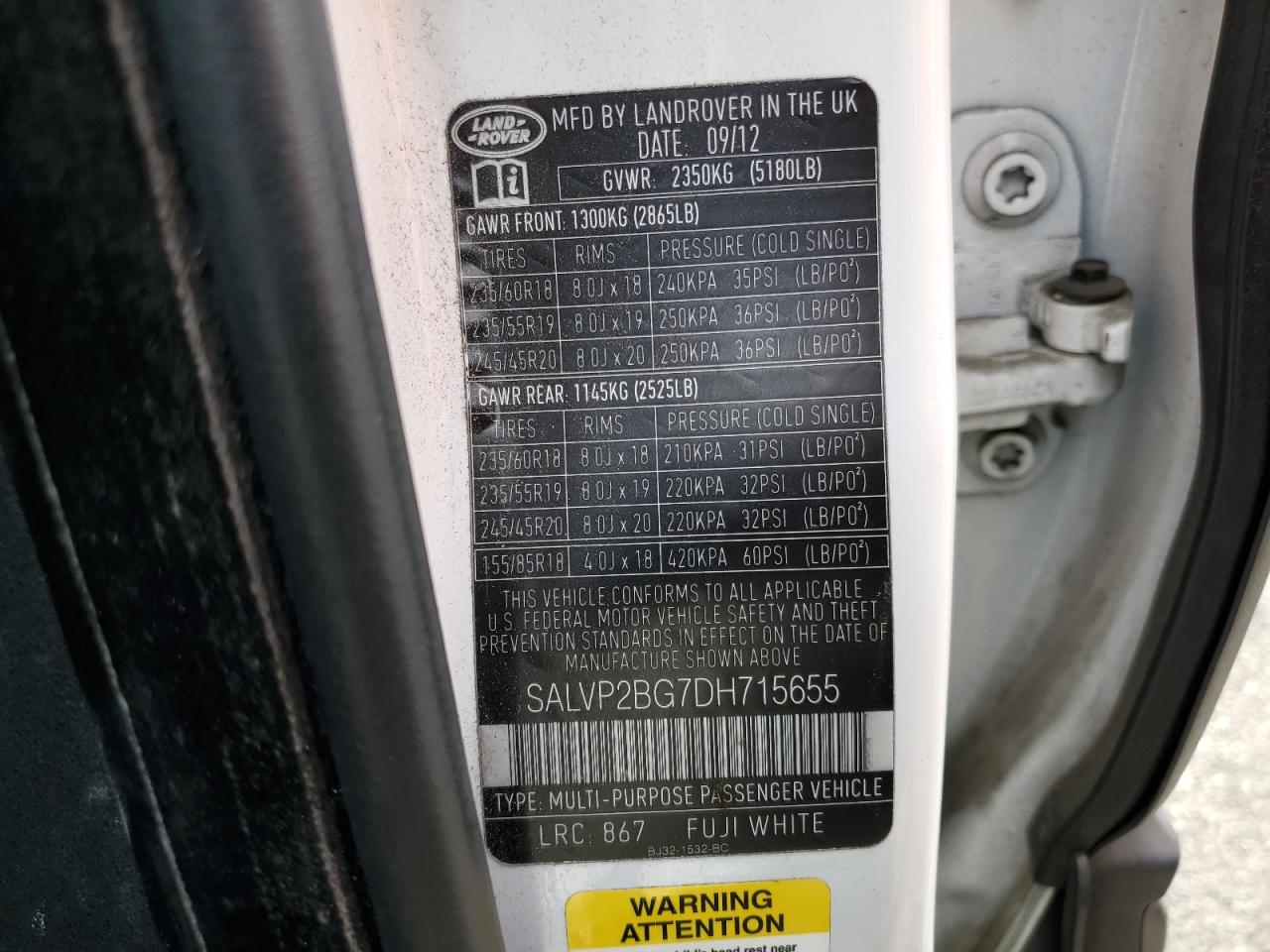 2013 Land Rover Range Rover Evoque Pure Plus VIN: SALVP2BG7DH715655 Lot: 64769575