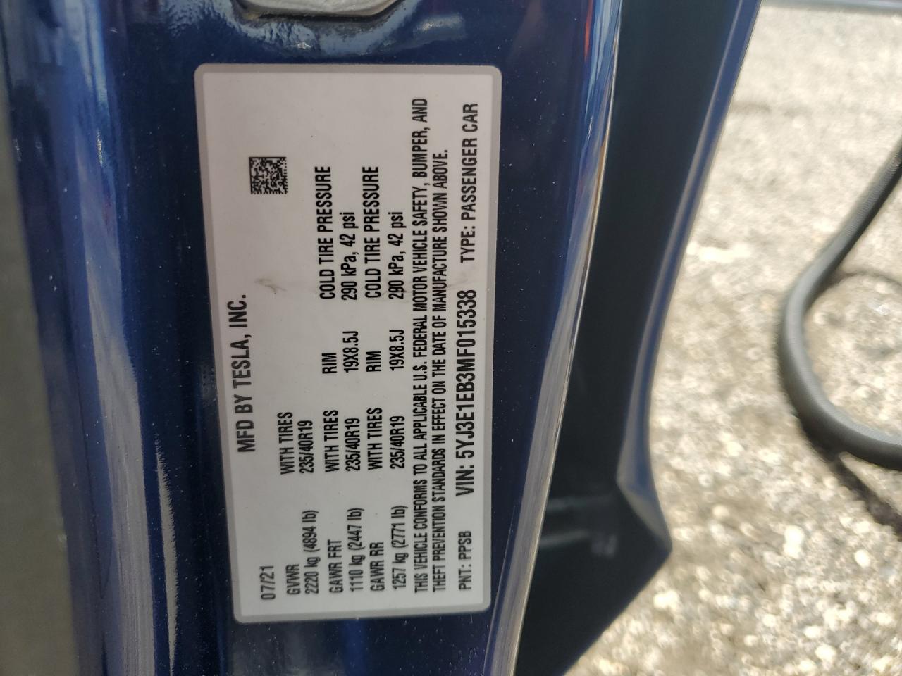 2021 Tesla Model 3 VIN: 5YJ3E1EB3MF015338 Lot: 64759105
