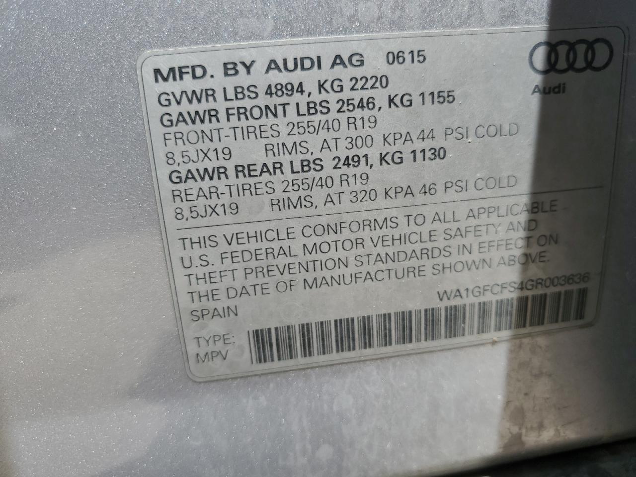 2016 Audi Q3 Prestige VIN: WA1GFCFS4GR003636 Lot: 63989175