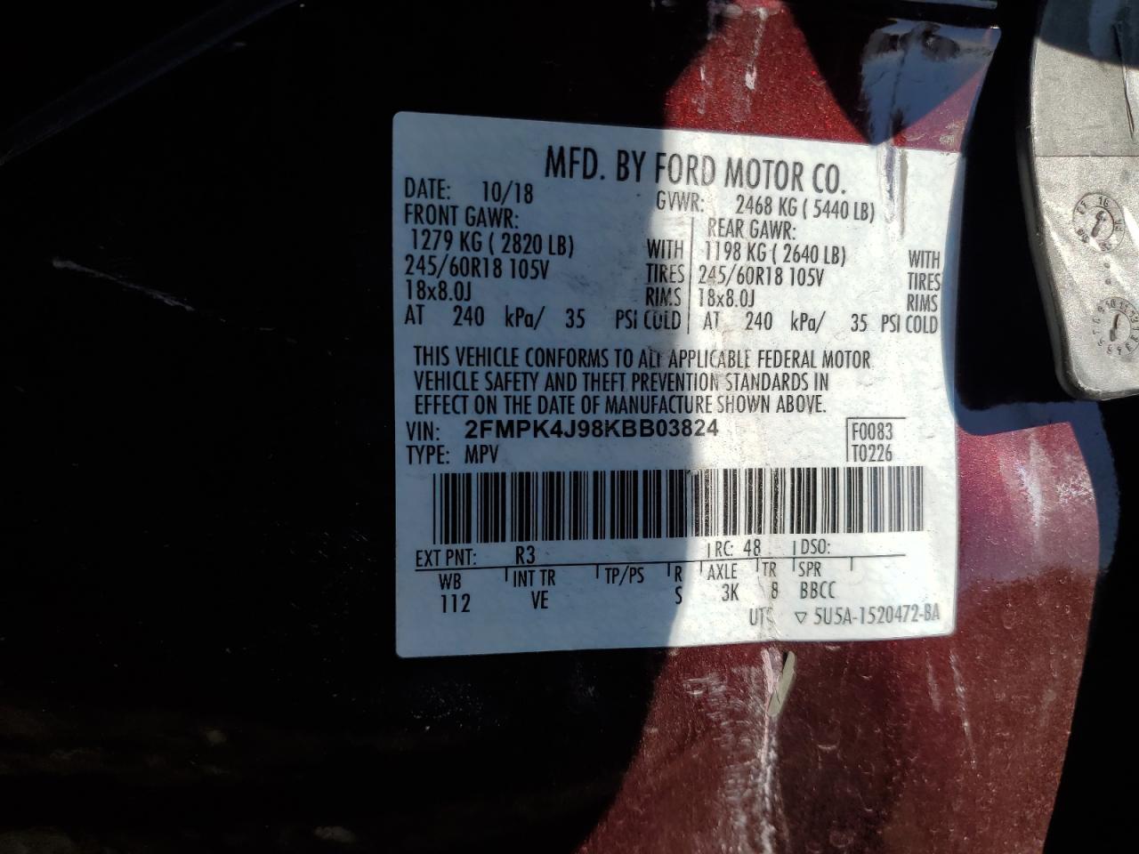 2019 Ford Edge Sel VIN: 2FMPK4J98KBB03824 Lot: 65249975