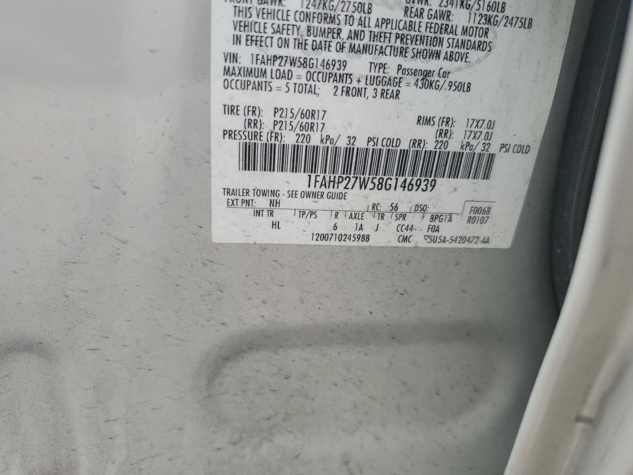 2008 Ford Taurus Sel VIN: 1FAHP27W58G146939 Lot: 63318995