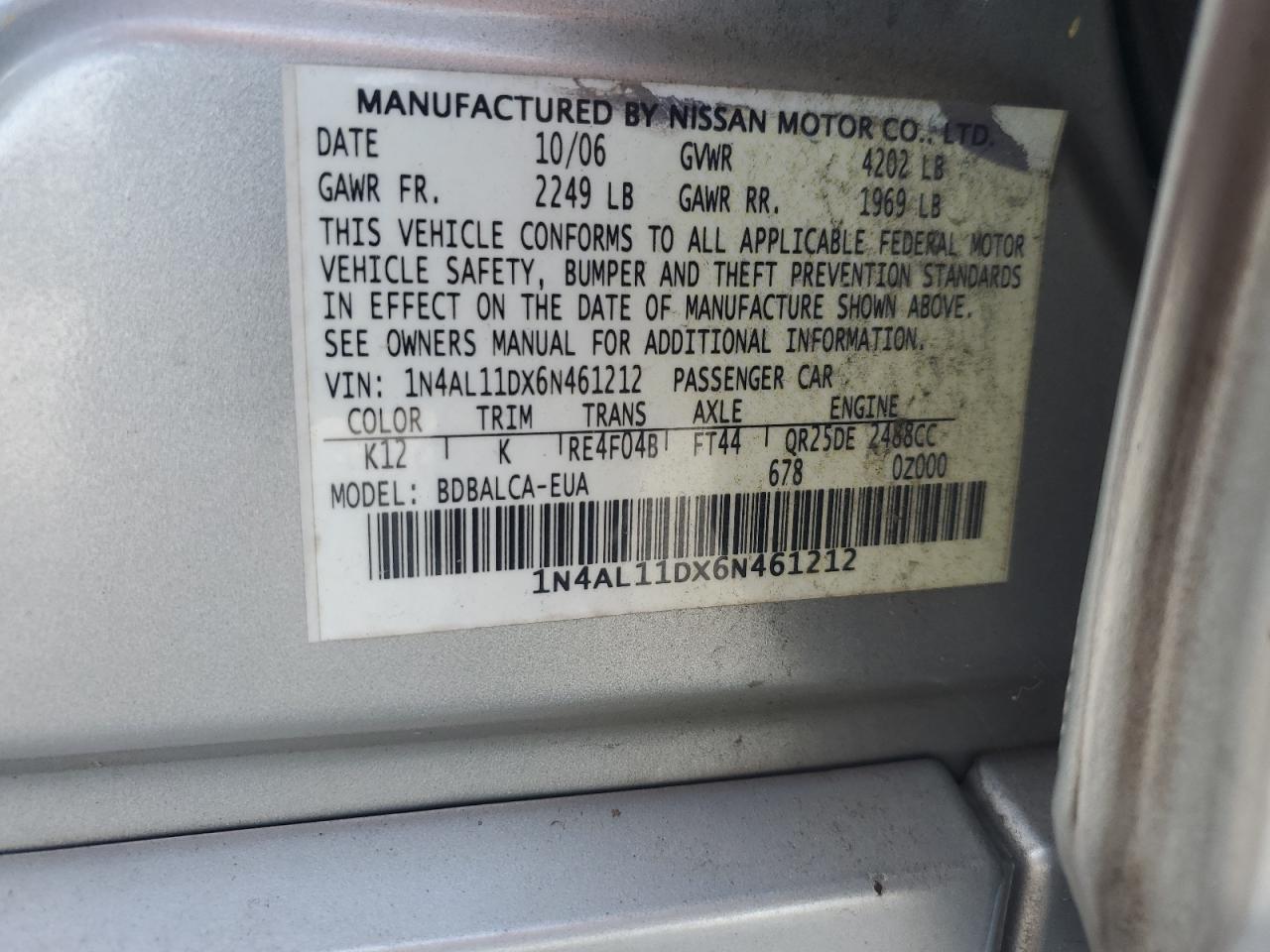 2006 Nissan Altima S VIN: 1N4AL11DX6N461212 Lot: 65529415