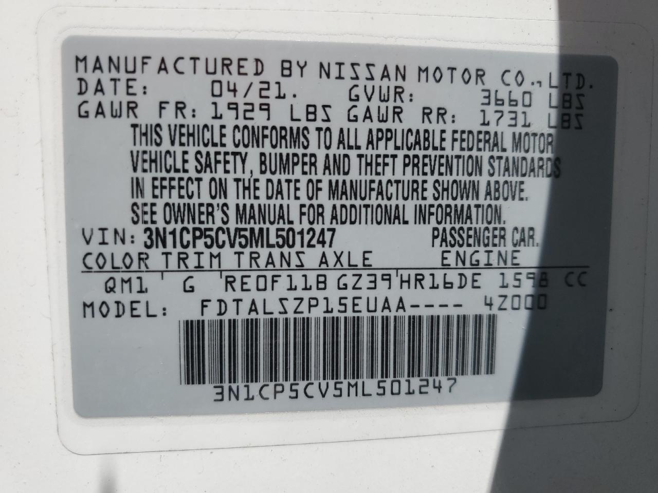 2021 Nissan Kicks Sv VIN: 3N1CP5CV5ML501247 Lot: 66122425